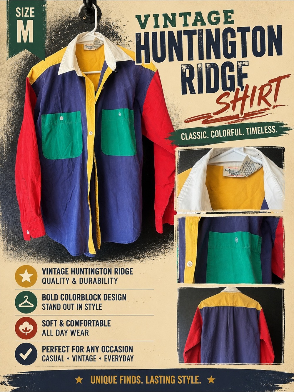 Vintage Huntington Ridge Colorblock Button-Up Shirt - Navy, Red, Green, Yellow